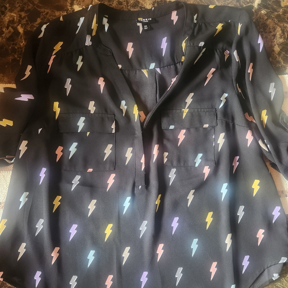 Black Blouse with Colorful Lightning Bolt Pattern
